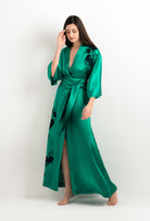 Discover the 2025 cruise collection of lingerie couture from the house Carine Gilson with this Long Kimono Classic Sleeves in Jade Green Silk  with Black lace