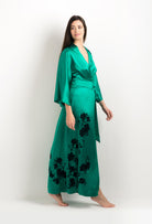 Discover the 2025 cruise collection of lingerie couture from the house Carine Gilson with this Long Kimono Classic Sleeves in Jade Green Silk  with Black lace