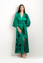 Discover the 2025 cruise collection of lingerie couture from the house Carine Gilson with this Long Kimono Classic Sleeves in Jade Green Silk  with Black lace