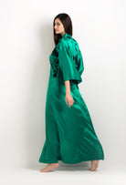 Discover the 2025 cruise collection of lingerie couture from the house Carine Gilson with this Long Kimono Classic Sleeves in Jade Green Silk  with Black lace