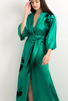 Discover the 2025 cruise collection of lingerie couture from the house Carine Gilson with this Long Kimono Classic Sleeves in Jade Green Silk  with Black lace