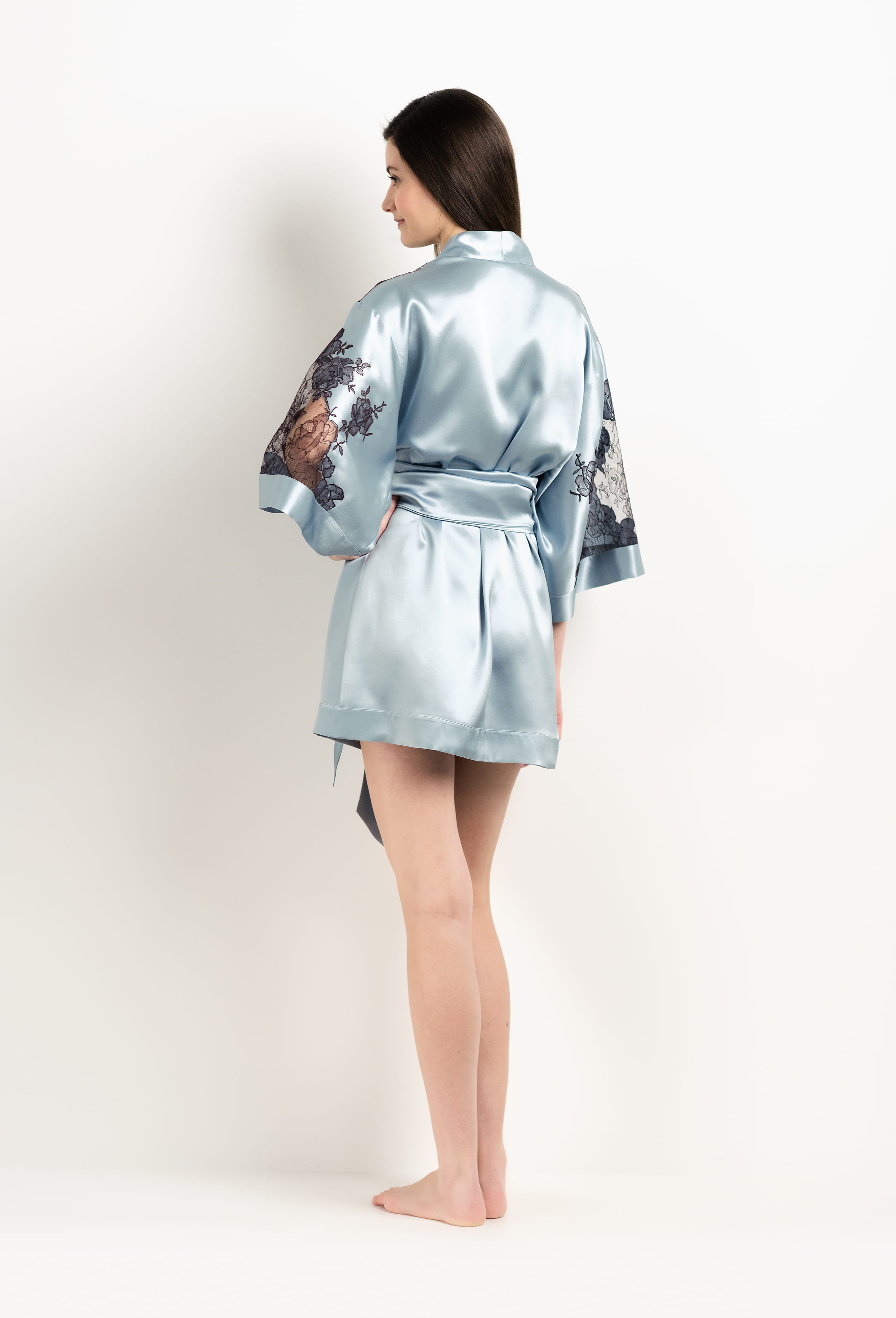 Made of silk and lace, explore the lingerie collection 2025 Winter from the house Carine Gilson with this Short Kimono Classic Sleeves in Frozen blue Silk  with Ebony lace