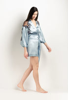 Made of silk and lace, explore the lingerie collection 2025 Winter from the house Carine Gilson with this Short Kimono Classic Sleeves in Frozen blue Silk  with Ebony lace
