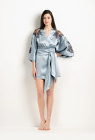 Made of silk and lace, explore the lingerie collection 2025 Winter from the house Carine Gilson with this Short Kimono Classic Sleeves in Frozen blue Silk  with Ebony lace