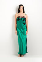 Enter Carine Gilson's world and the most beautiful silk lingerie with the 2025 cruise collection with this Long Gown Straight Neckline in Jade Green Silk  with Black lace