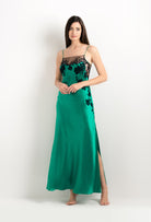 Enter Carine Gilson's world and the most beautiful silk lingerie with the 2025 cruise collection with this Long Gown Straight Neckline in Jade Green Silk  with Black lace