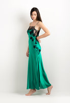 Enter Carine Gilson's world and the most beautiful silk lingerie with the 2025 cruise collection with this Long Gown Straight Neckline in Jade Green Silk  with Black lace