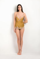 Discover the 2023-24 winter collection from the house Carine Gilson with this Camisole V Neckline in ochre yellow Silk with beige lace