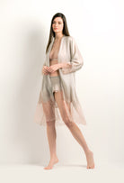 Discover the 2024 winter collection of lingerie couture from the house Carine Gilson with this Kimono Raglan Style in Peal grey Silk with pink rose lace