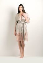 Discover the 2024 winter collection of lingerie couture from the house Carine Gilson with this Kimono Raglan Style in Peal grey Silk with pink rose lace