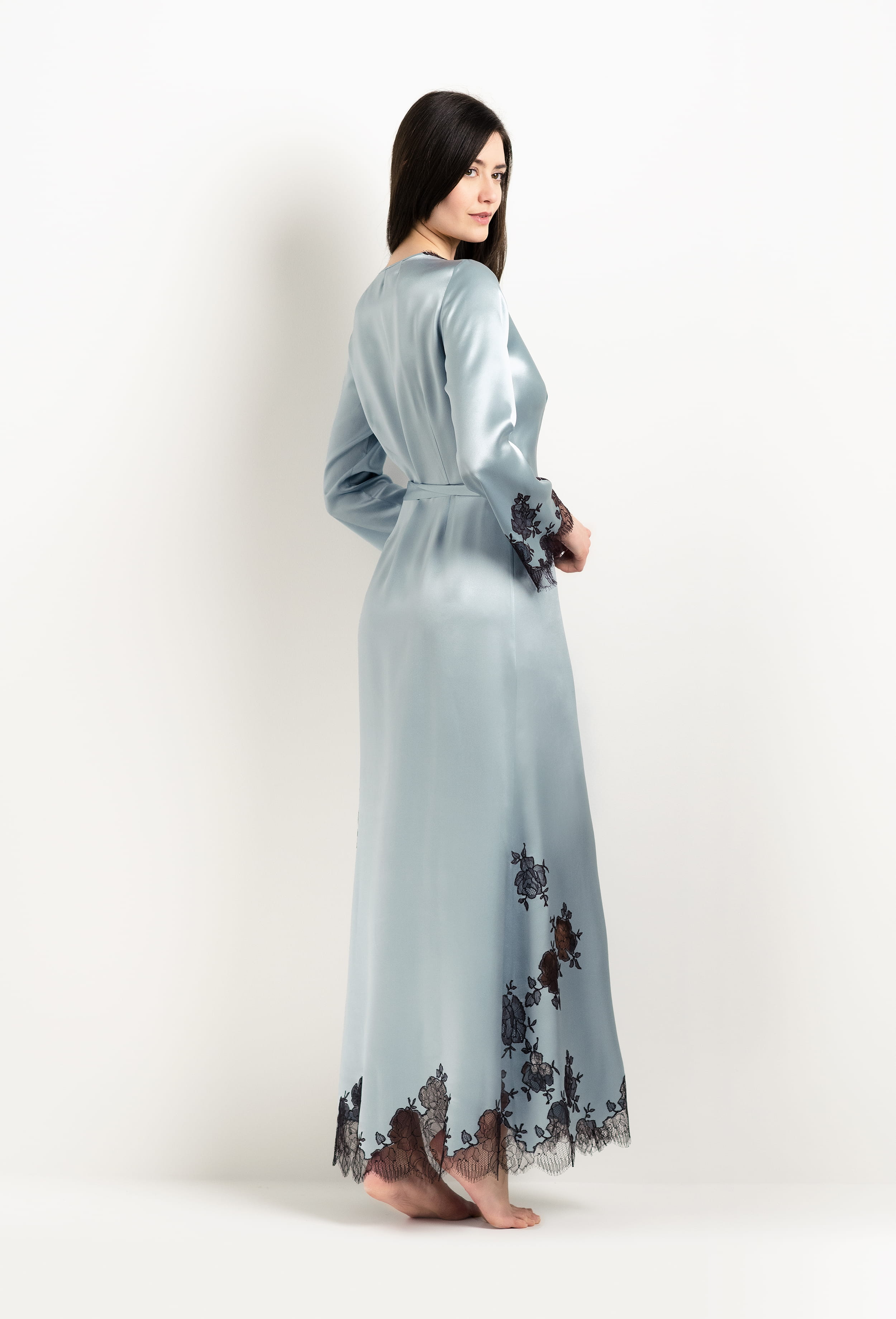 Be seduced by Carine Gilson most beautiful silk lingerie collection with this Long Déshabillé Skyfall in Frozen blue Silk  with Ebony lace