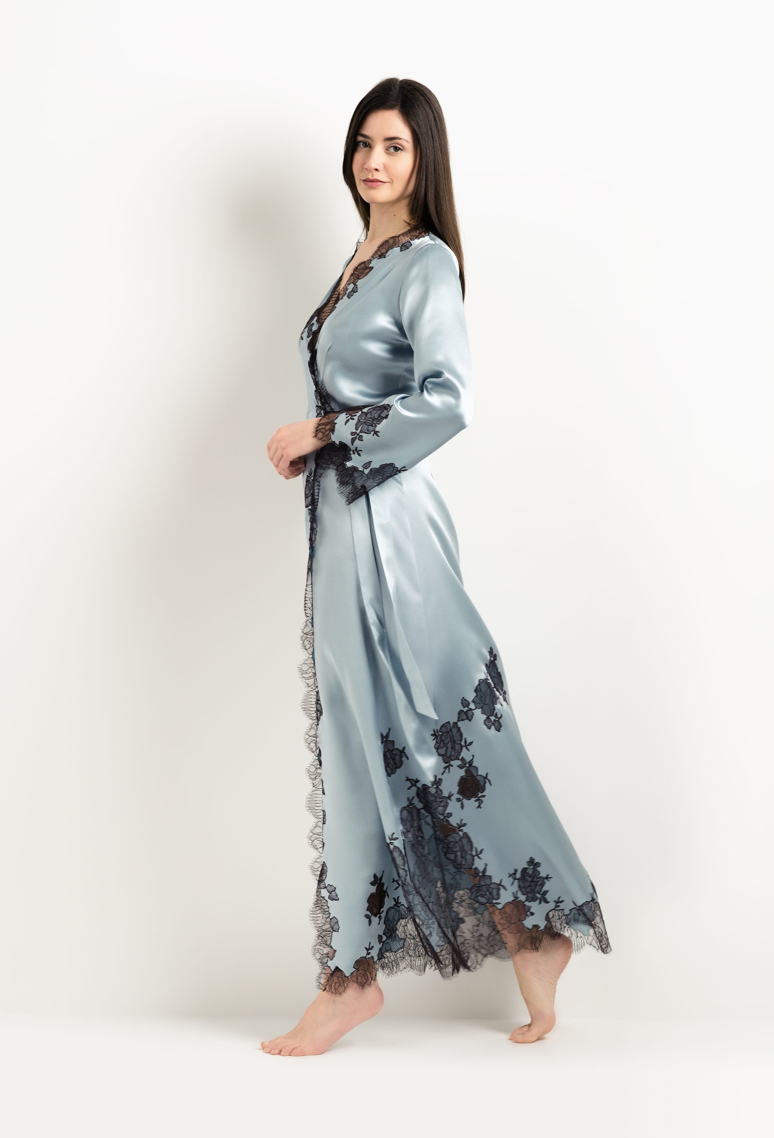 Be seduced by Carine Gilson most beautiful silk lingerie collection with this Long Déshabillé Skyfall in Frozen blue Silk  with Ebony lace