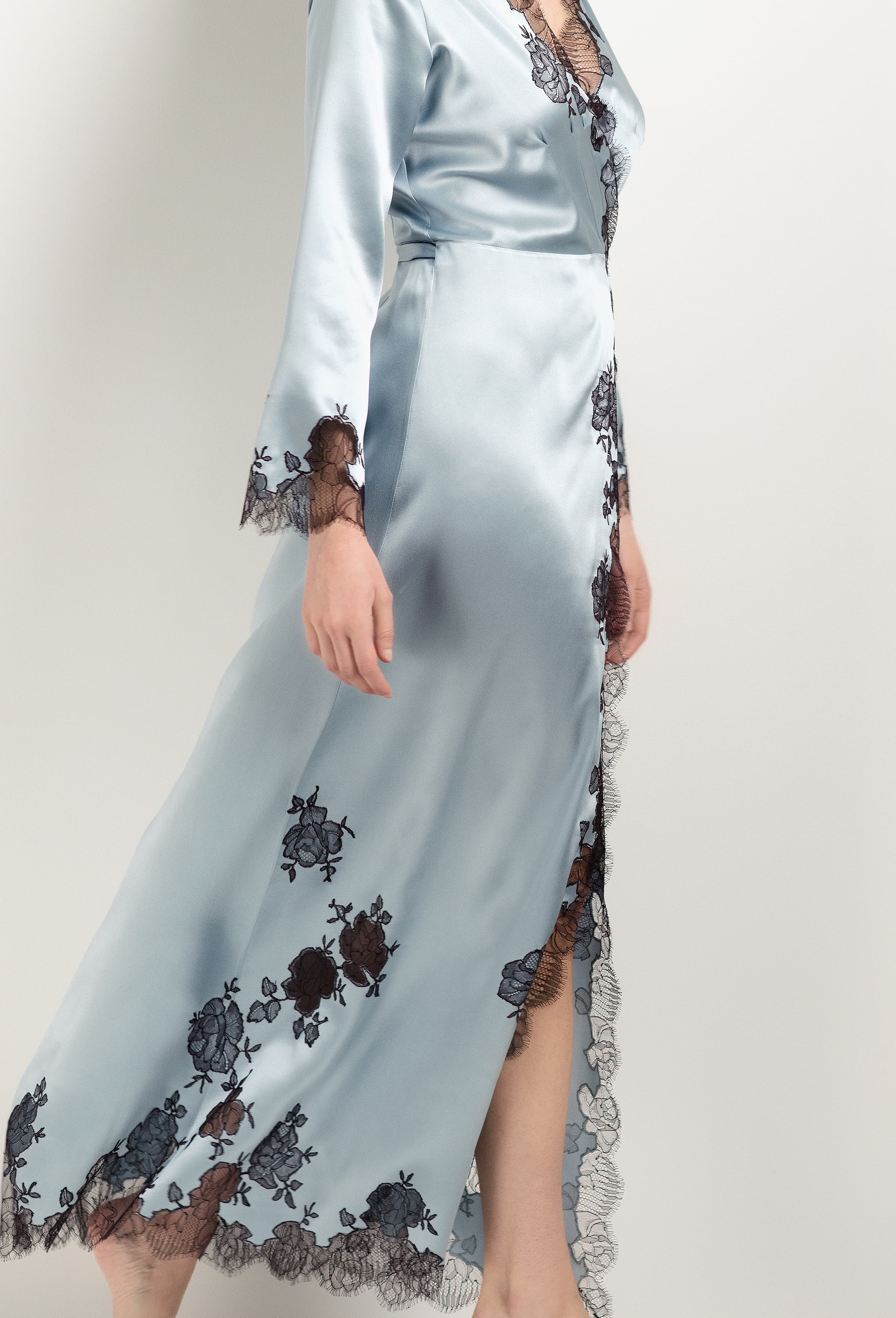 Be seduced by Carine Gilson most beautiful silk lingerie collection with this Long Déshabillé Skyfall in Frozen blue Silk  with Ebony lace