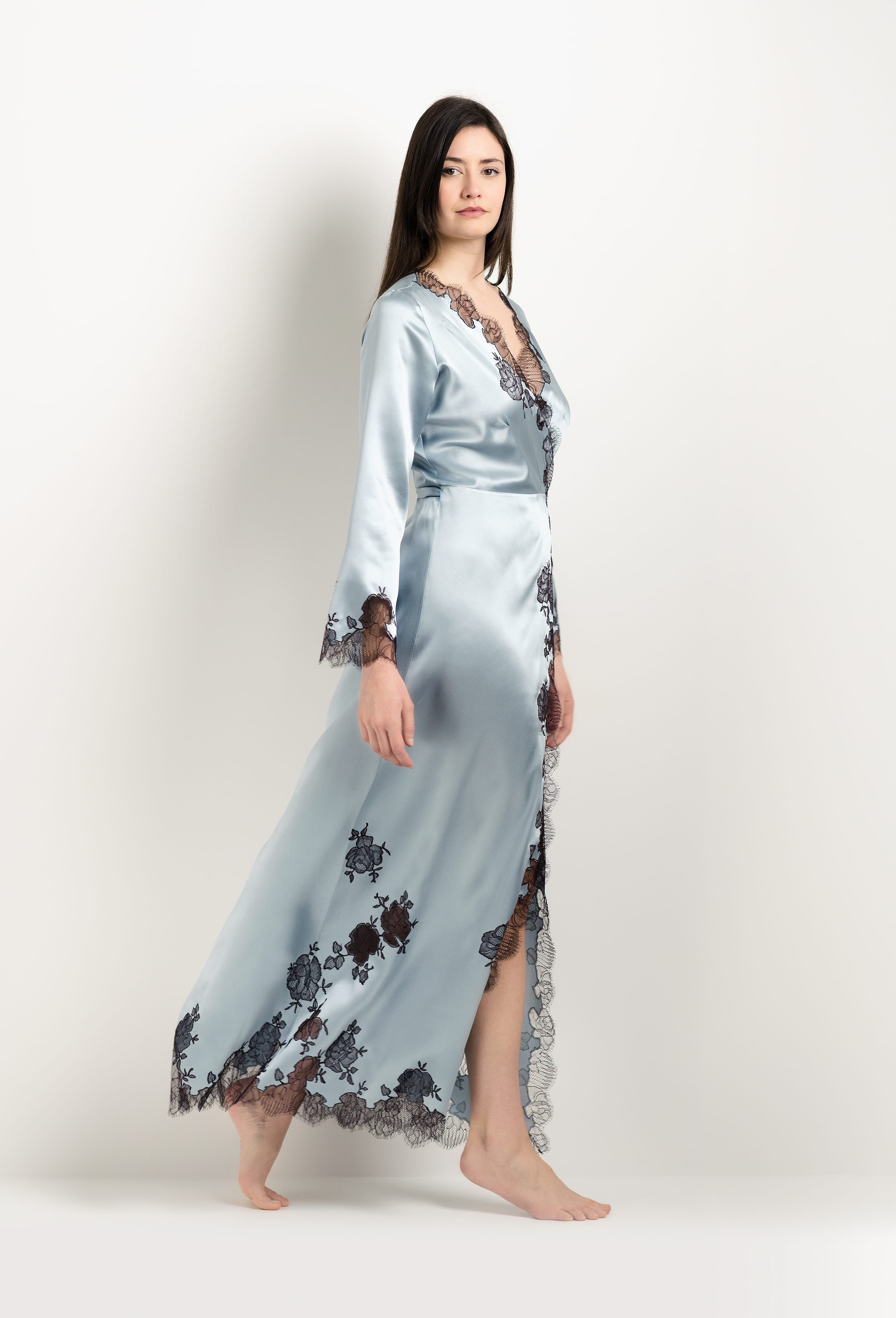 Be seduced by Carine Gilson most beautiful silk lingerie collection with this Long Déshabillé Skyfall in Frozen blue Silk  with Ebony lace