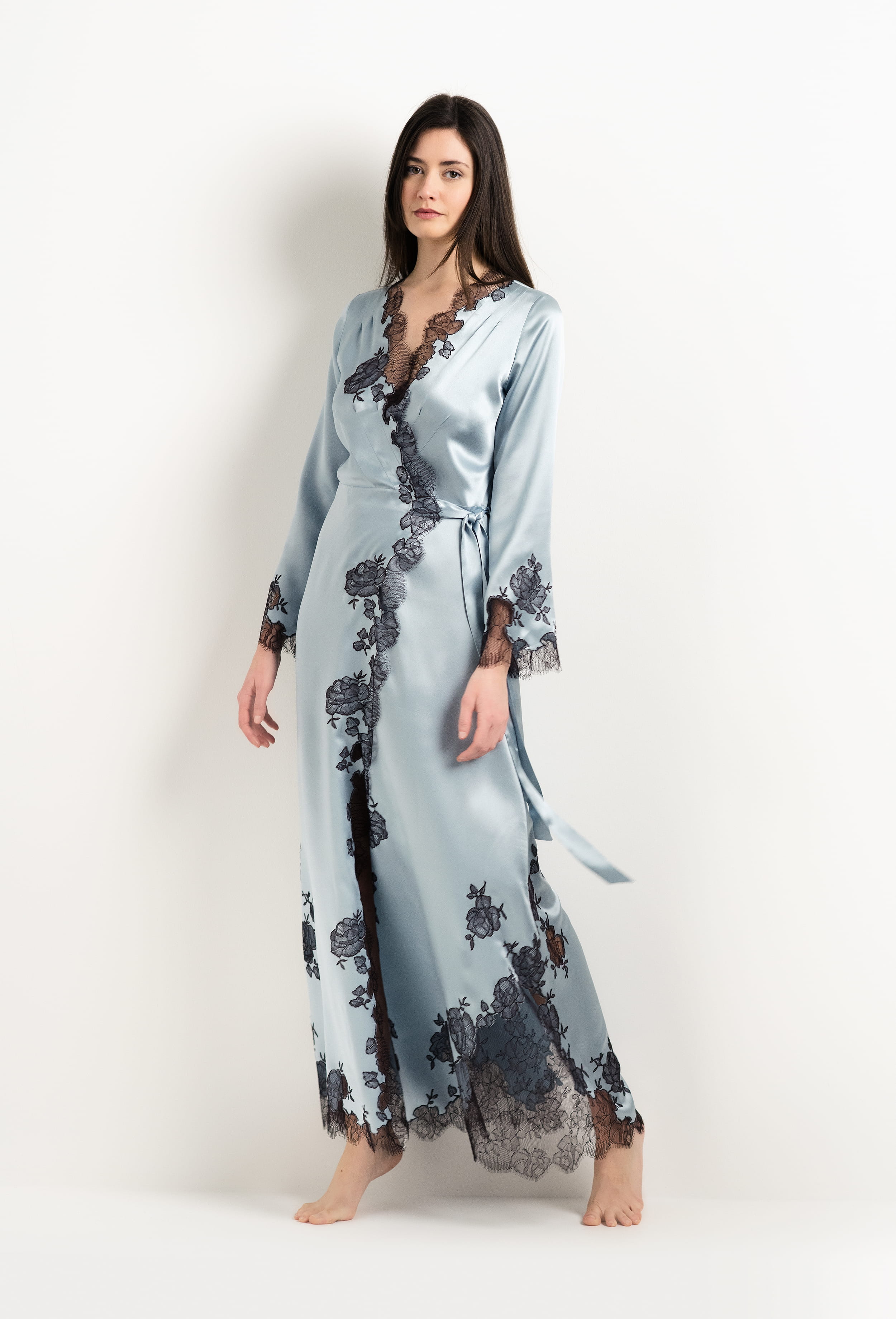 Be seduced by Carine Gilson most beautiful silk lingerie collection with this Long Déshabillé Skyfall in Frozen blue Silk  with Ebony lace