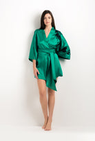 Made of silk and lace, explore the lingerie collection 2025 cruise from the house Carine Gilson with this Mini Kimono in Jade Green Silk  with Black lace