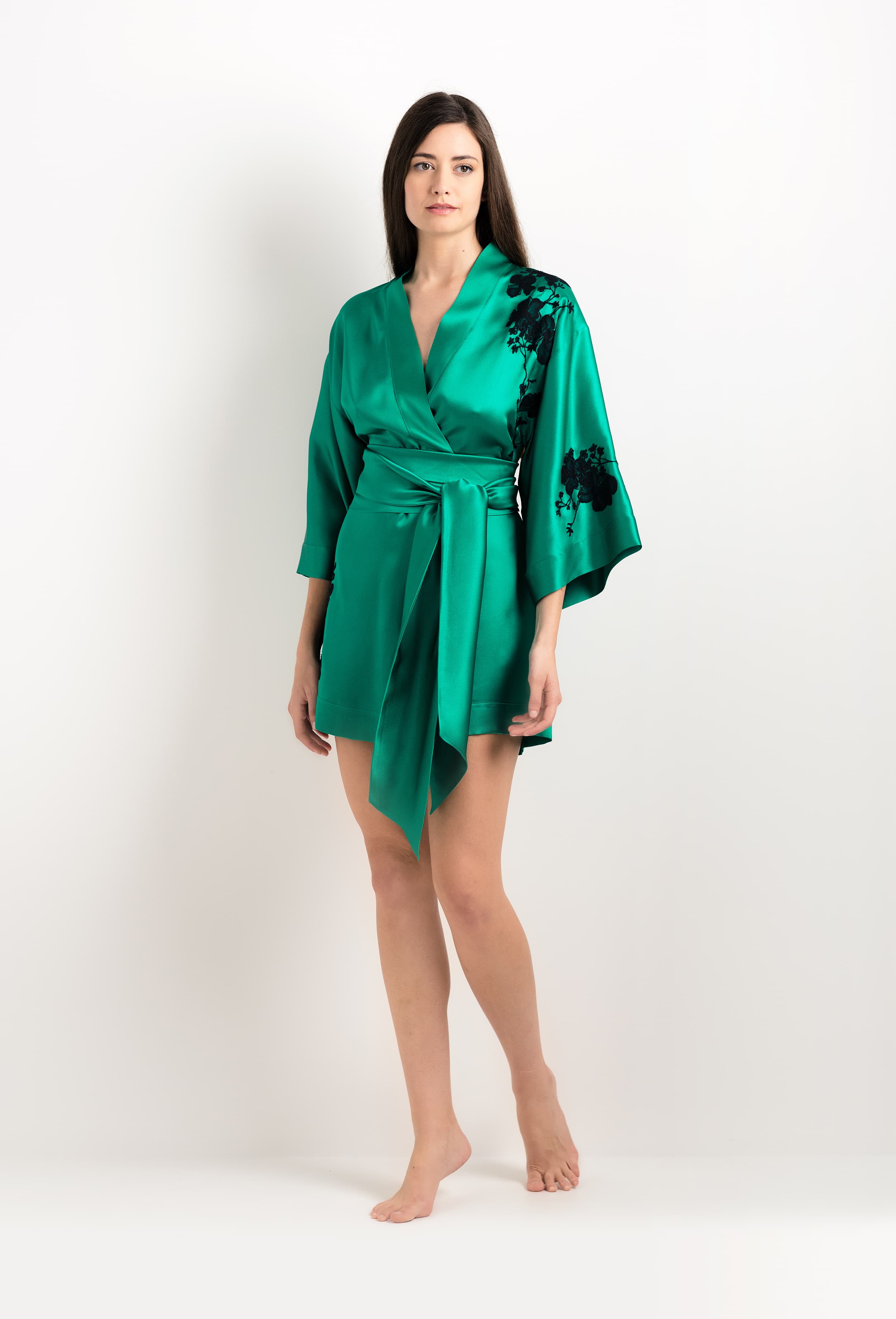 Made of silk and lace, explore the lingerie collection 2025 cruise from the house Carine Gilson with this Mini Kimono in Jade Green Silk  with Black lace