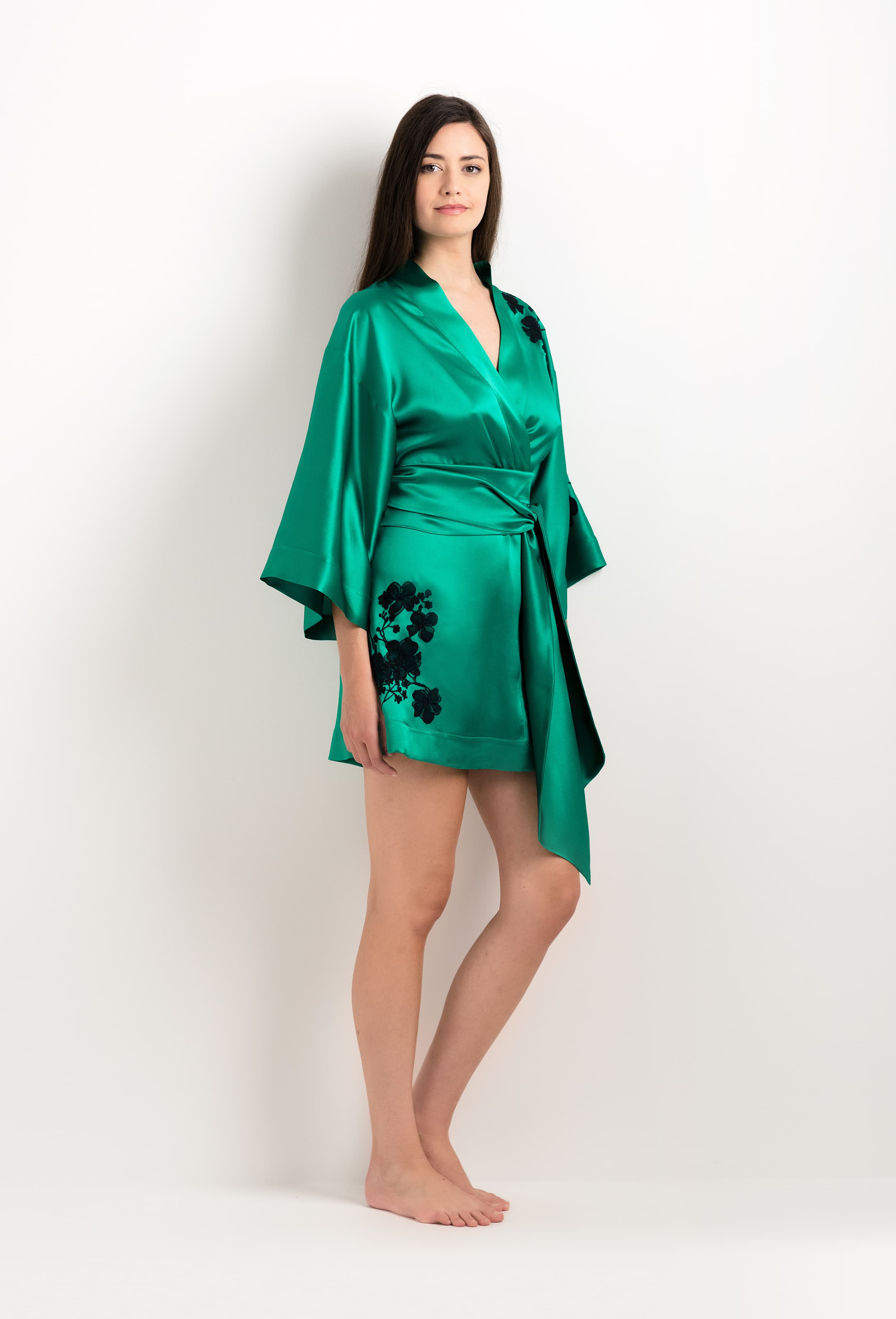 Made of silk and lace, explore the lingerie collection 2025 cruise from the house Carine Gilson with this Mini Kimono in Jade Green Silk  with Black lace