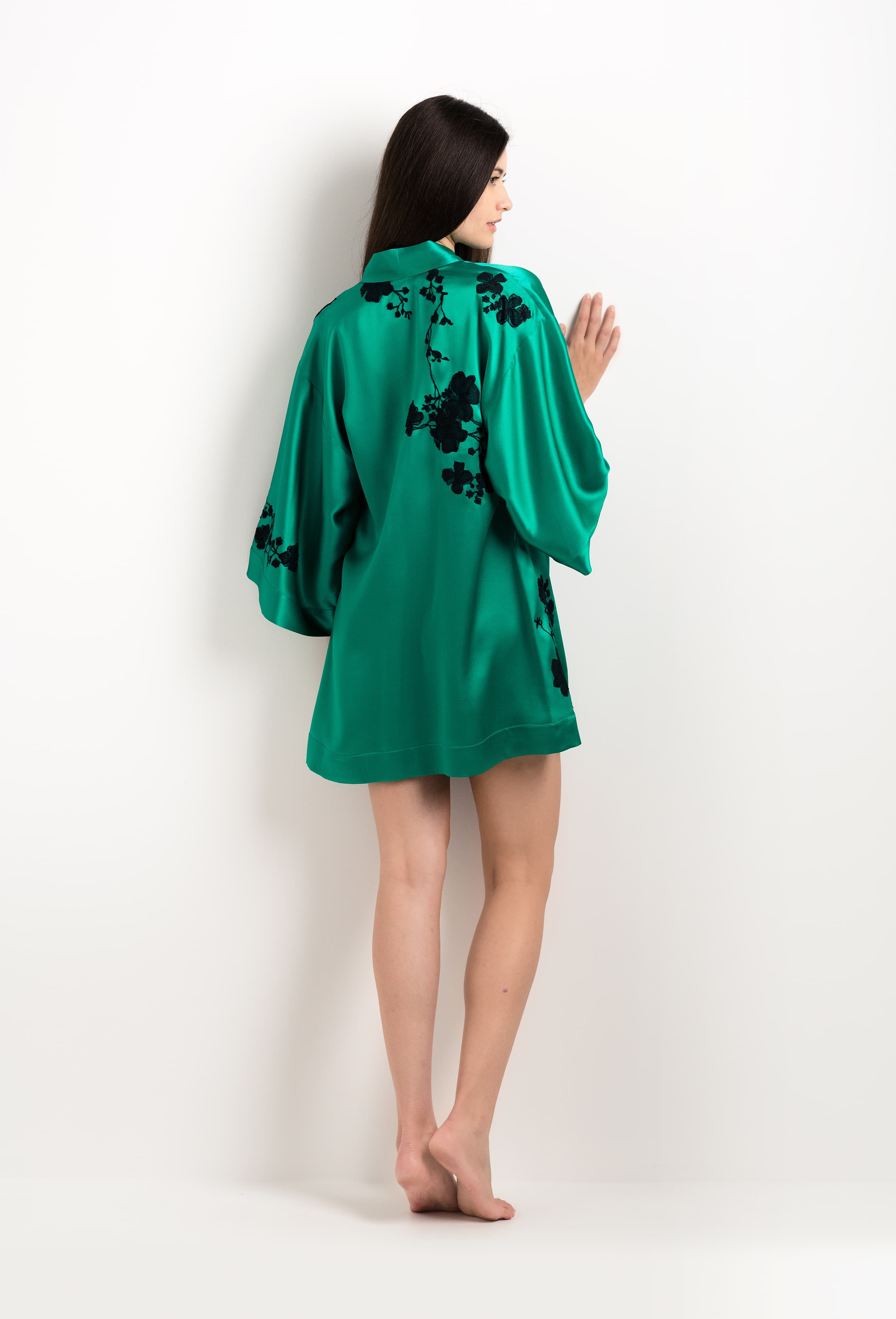 Made of silk and lace, explore the lingerie collection 2025 cruise from the house Carine Gilson with this Mini Kimono in Jade Green Silk  with Black lace