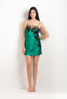 Be seduced by Carine Gilson most beautiful silk lingerie collection with this Slip Babydoll Style Straight Neckline in Jade Green Silk  with Black lace