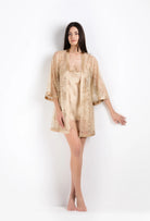 Enjoy the 2026 Summer collection of lingerie couture from the house Carine Gilson with this Short Kimono Classic Sleeves in mocha Silk  with mocha lace