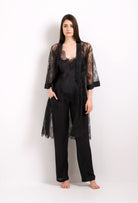 Discover the Winter 2022-23 collection from the house Carine Gilson with this 3/4 Length Kimono Classic Sleeves in Black Silk with Black lace