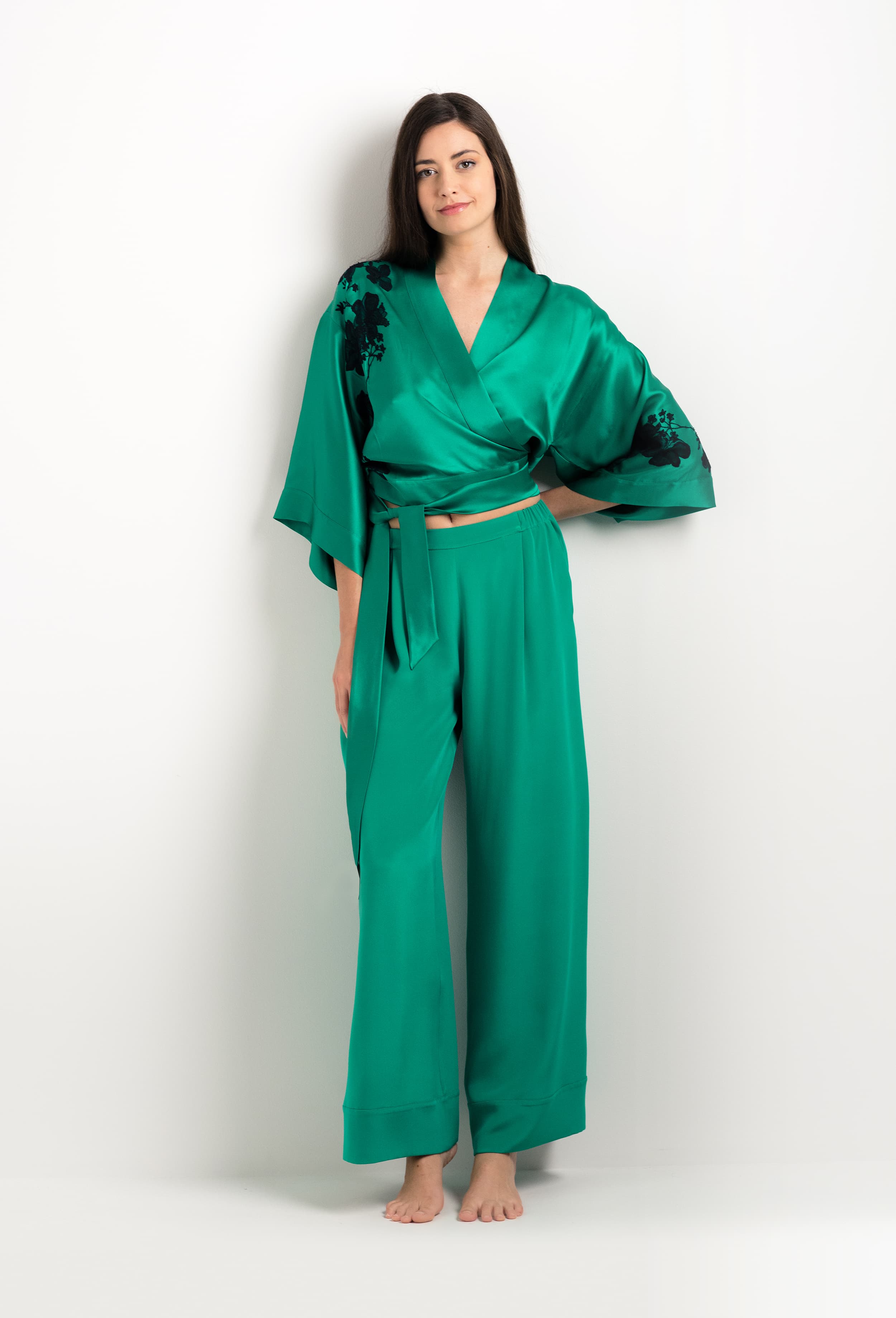 Be seduced by Carine Gilson most beautiful silk lingerie collection with this Wide Leg Pajama Pants in Jade Green Silk 