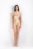 The 2026 Summer collection from the house Carine Gilson - The most beautiful couture lingerie to be discovered with this camisole straight neckline in mocha silk  with mocha lace