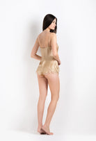 Discover the 2026 Summer collection of lingerie couture from the house Carine Gilson with this floaty shorts in mocha silk  with mocha lace