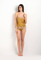 Discover the 2023-24 winter collection from the house Carine Gilson with this Camisole Straight Neckline in ochre yellow Silk with beige lace