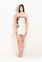Discover the 2025 Winter collection of lingerie couture from the house Carine Gilson with this Slip Babydoll Style Straight Neckline in Pearl Silk  with Ebony lace