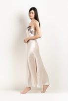 Enter Carine Gilson's world and the most beautiful silk lingerie with the 2025 Winter collection with this Long Gown Straight Neckline in Pearl Silk  with Ebony lace
