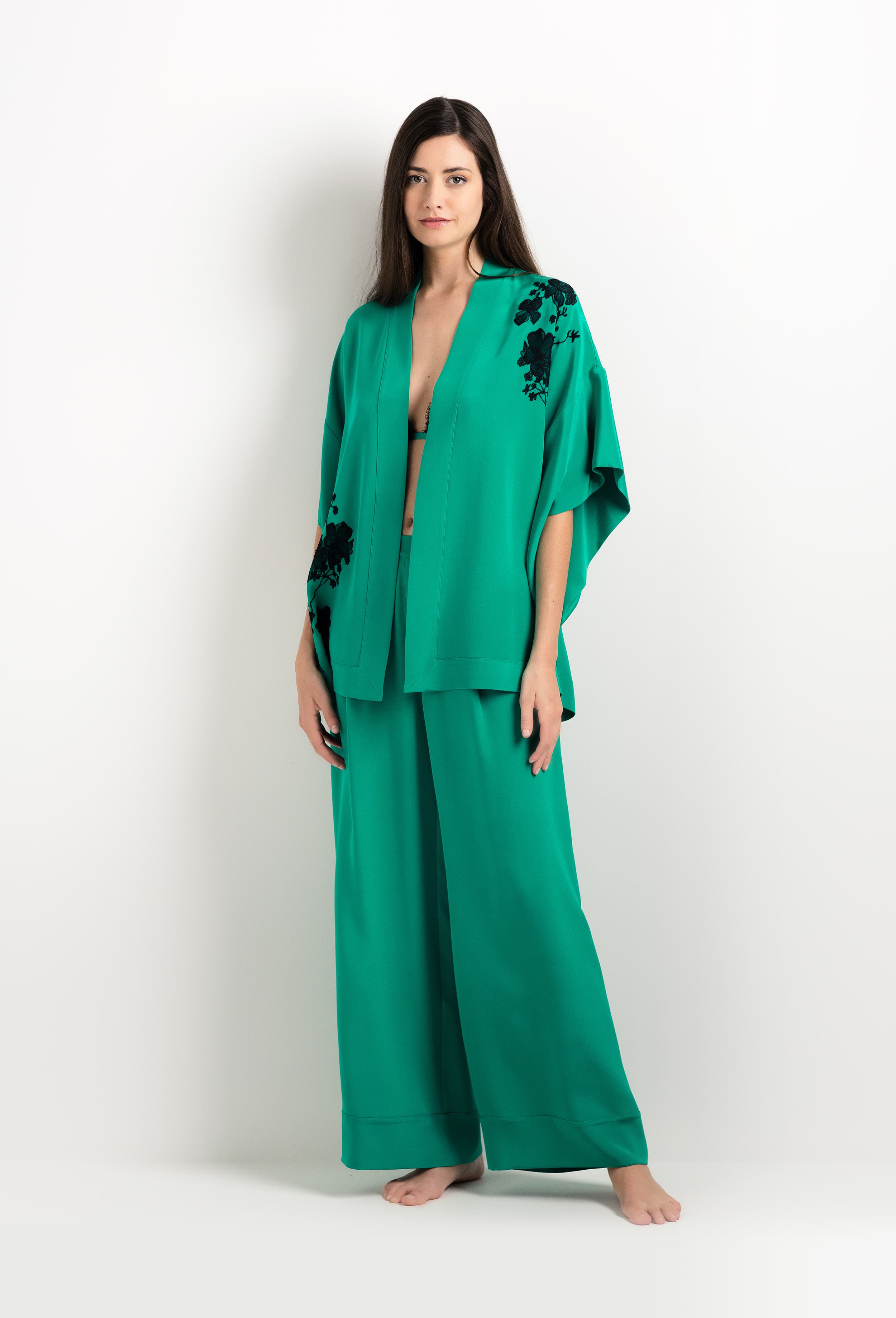 Made of silk and lace, explore the lingerie collection 2025 cruise from the house Carine Gilson with this Mini Kimono in Jade Green Silk  with Black lace