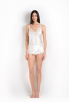 Enjoy the 2026 Cruise collection of lingerie couture from the house Carine Gilson with this camisole v neckline in natural silk  with natural lace