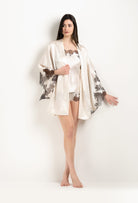 Be seduced by Carine Gilson most beautiful silk lingerie collection with this Short Kimono Butterfly Sleeves in Pearl Silk  with Ebony lace