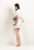 Be seduced by Carine Gilson most beautiful silk lingerie collection with this Short Kimono Butterfly Sleeves in Pearl Silk  with Ebony lace