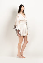 Be seduced by Carine Gilson most beautiful silk lingerie collection with this Short Kimono Butterfly Sleeves in Pearl Silk  with Ebony lace