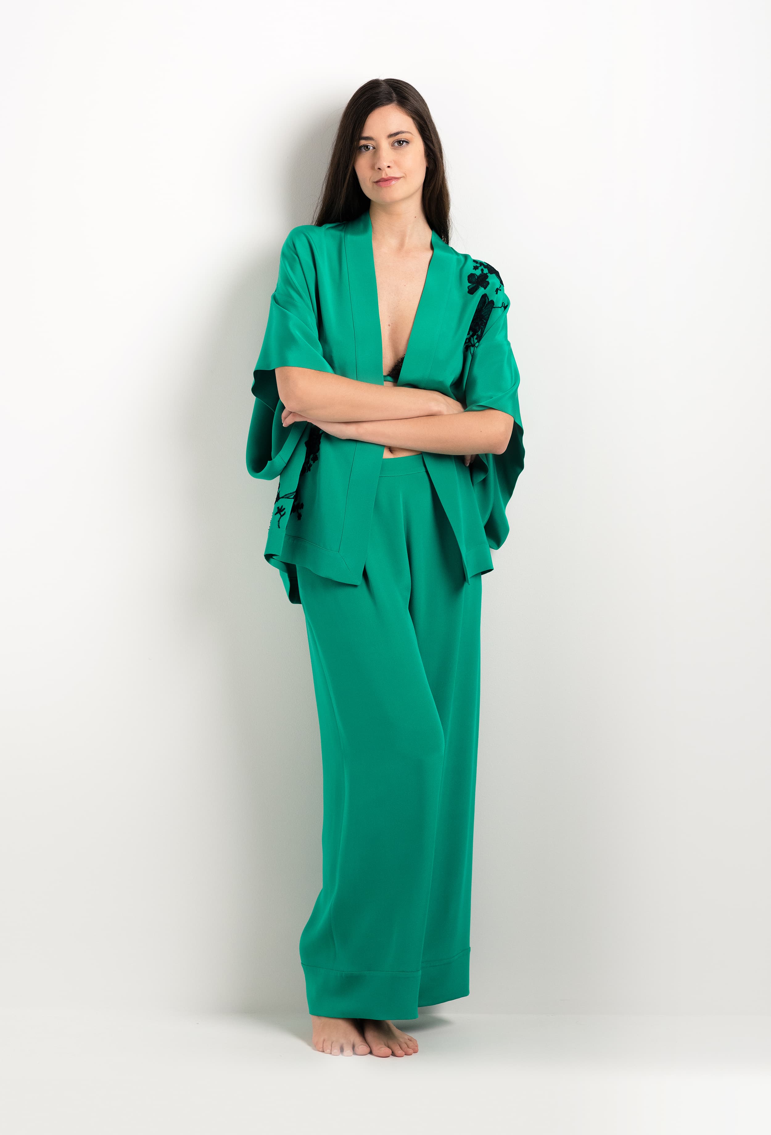 Be seduced by Carine Gilson most beautiful silk lingerie collection with this Wide Leg Pajama Pants in Jade Green Silk 