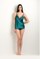 Enjoy the 2024 winter collection of lingerie couture from the house Carine Gilson with this Camisole V Neckline in blue Silk with emerald green lace