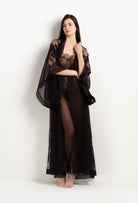 Discover the 2025 Winter collection of lingerie couture from the house Carine Gilson with this Long Kimono Butterfly Sleeves in Ebony Silk  with Ebony lace