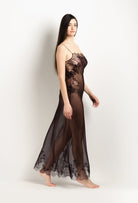 Enjoy the 2025 Winter collection of lingerie couture from the house Carine Gilson with this Long Gown Straight Neckline in Ebony Silk  with Ebony lace