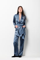 The Winter  2026-27 collection from the house Carine Gilson - The most beautiful couture loungewear to be discovered with this classic pants in Blue stone with contrast 