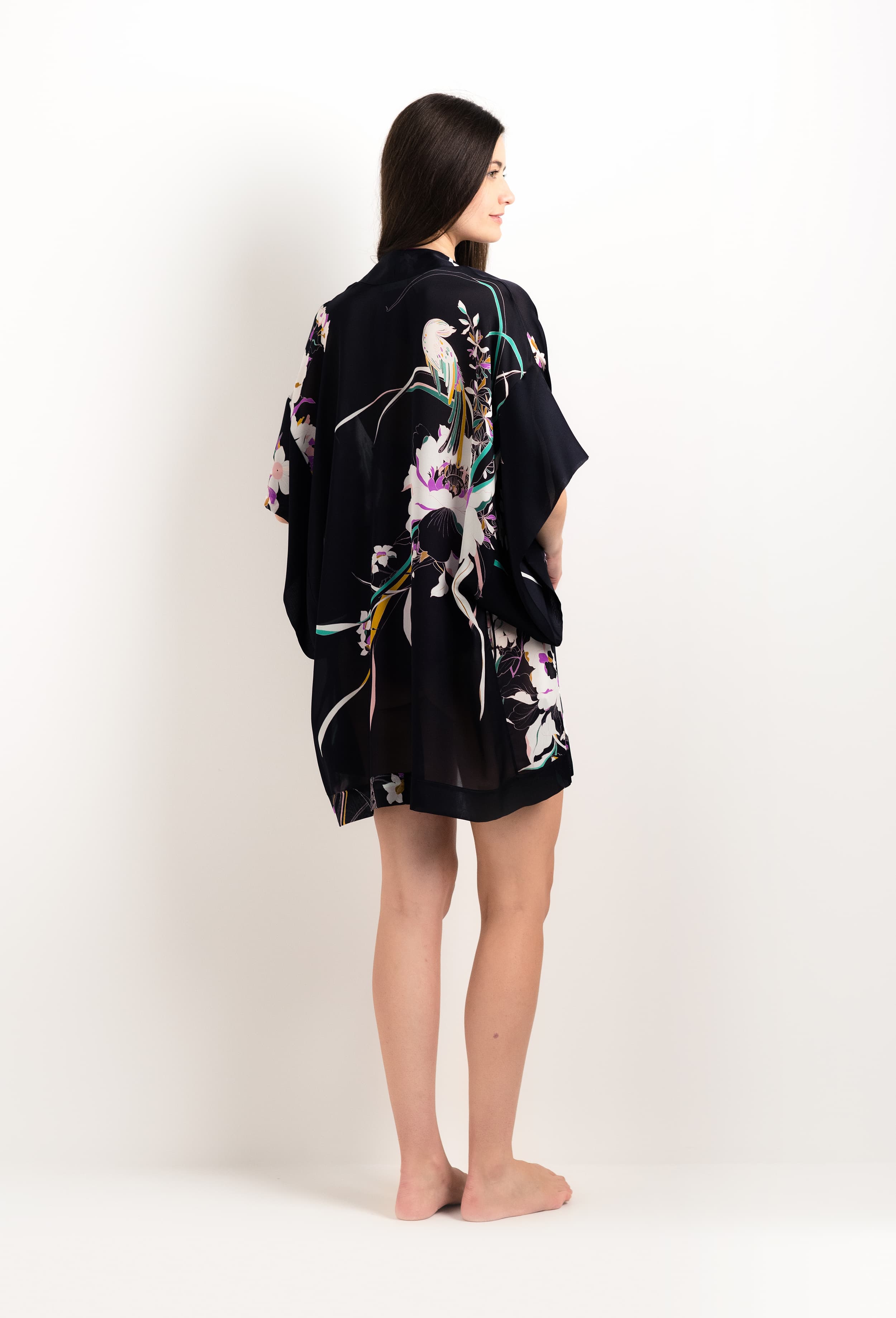 Enjoy the 2025 cruise collection of lingerie couture from the house Carine Gilson with this Short Kimono in Shadow of paradise Black Silk 