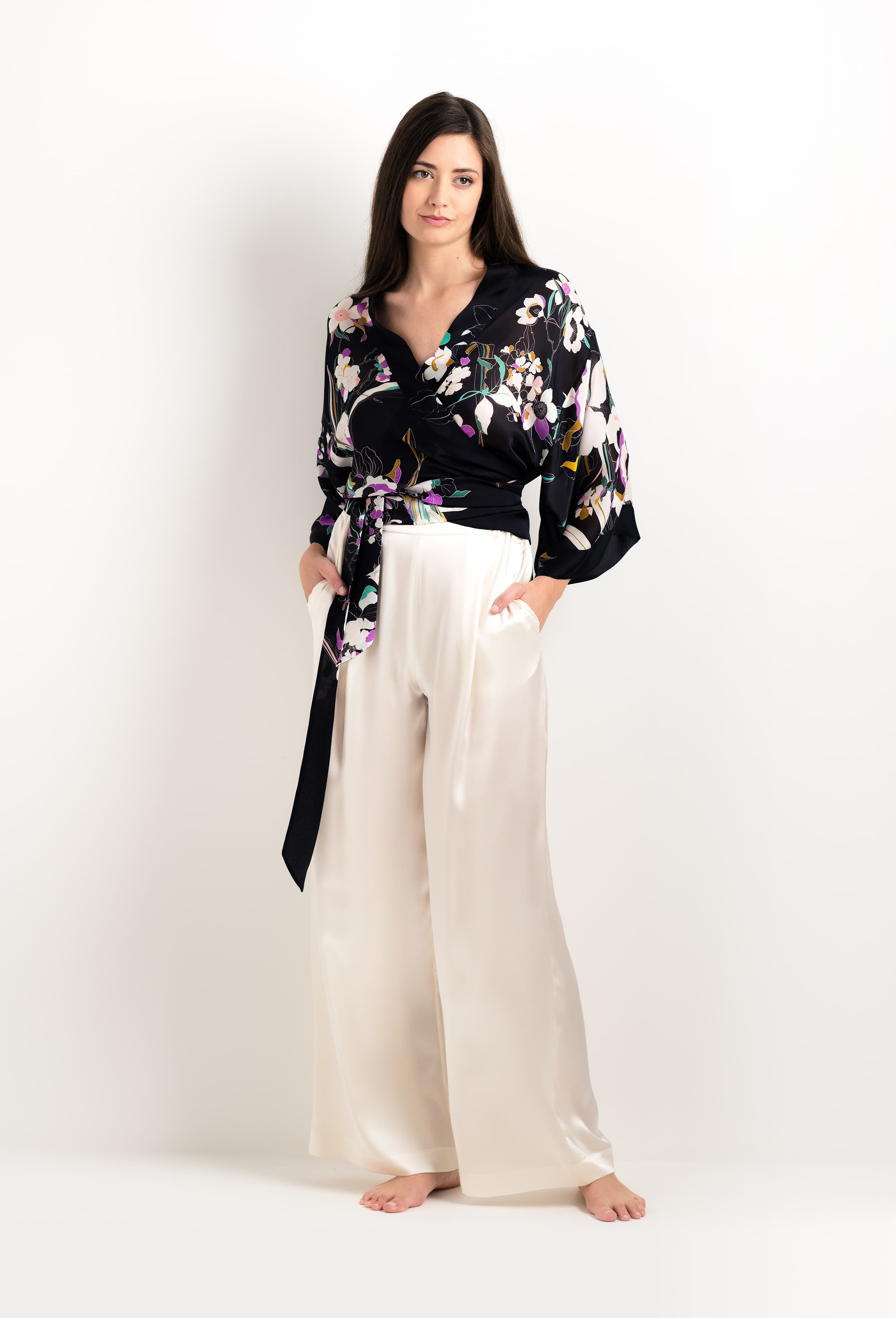 The 2025 cruise collection from the house Carine Gilson - The most beautiful couture lingerie to be discovered with this Kimono Style Cachecoeur Shirt in Shadow of paradise Black Silk 