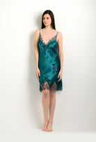 Discover the 2024 winter collection of lingerie couture from the house Carine Gilson with this Slip V Neckline in blue Silk with emerald green lace