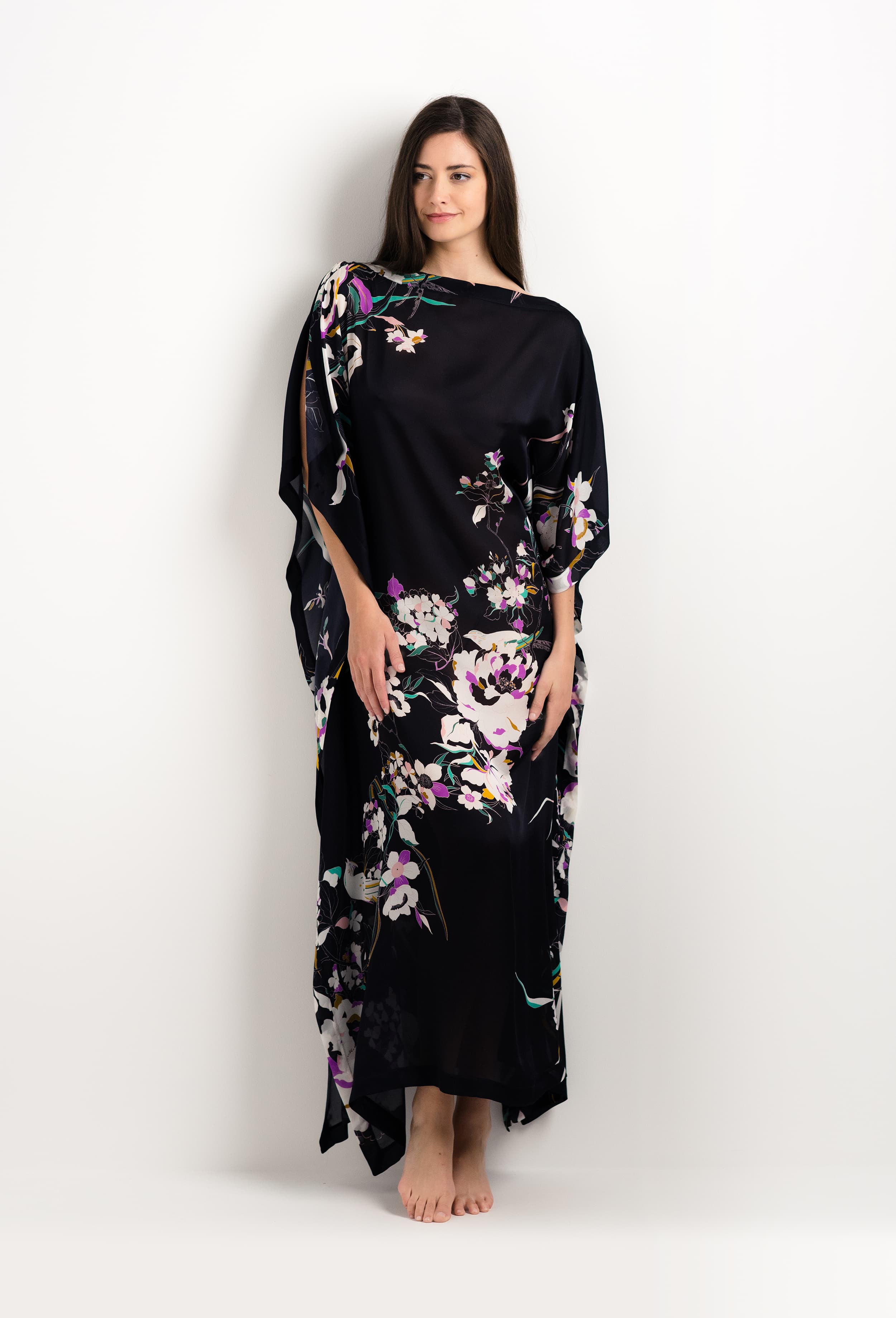 Discover the 2025 cruise collection of lingerie couture from the house Carine Gilson with this Long Dress with 2 Silk Carre in Shadow of paradise Black Silk 