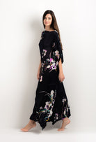 Discover the 2025 cruise collection of lingerie couture from the house Carine Gilson with this Long Dress with 2 Silk Carre in Shadow of paradise Black Silk 