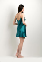 The 2024 winter collection from the house Carine Gilson - The most beautiful couture lingerie to be discovered with this Slip Babydoll Style V Neckline in blue Silk with emerald green lace