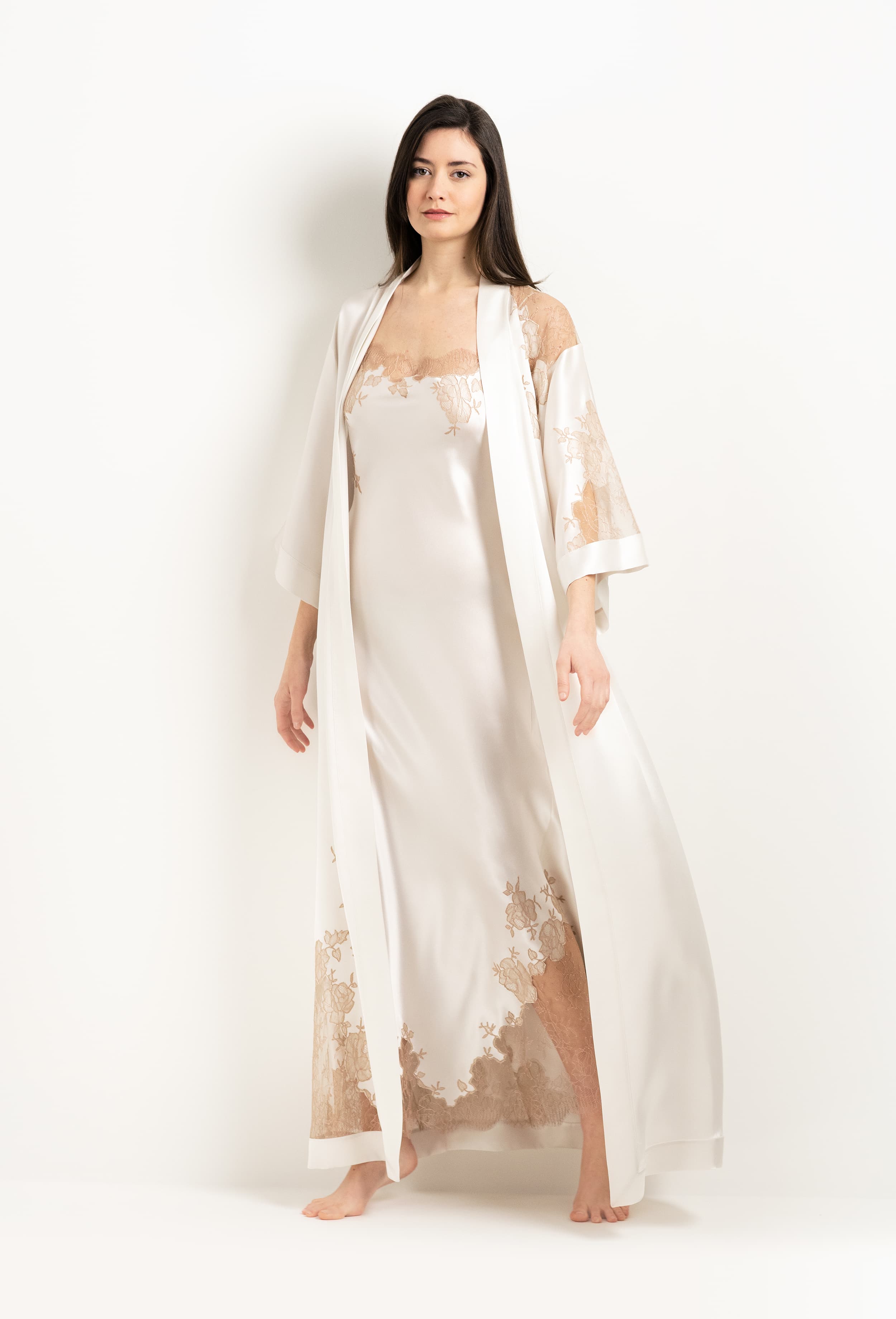 Be seduced by Carine Gilson most beautiful silk lingerie collection with this Long Gown Straight Neckline in ivory Silk  with Vison lace