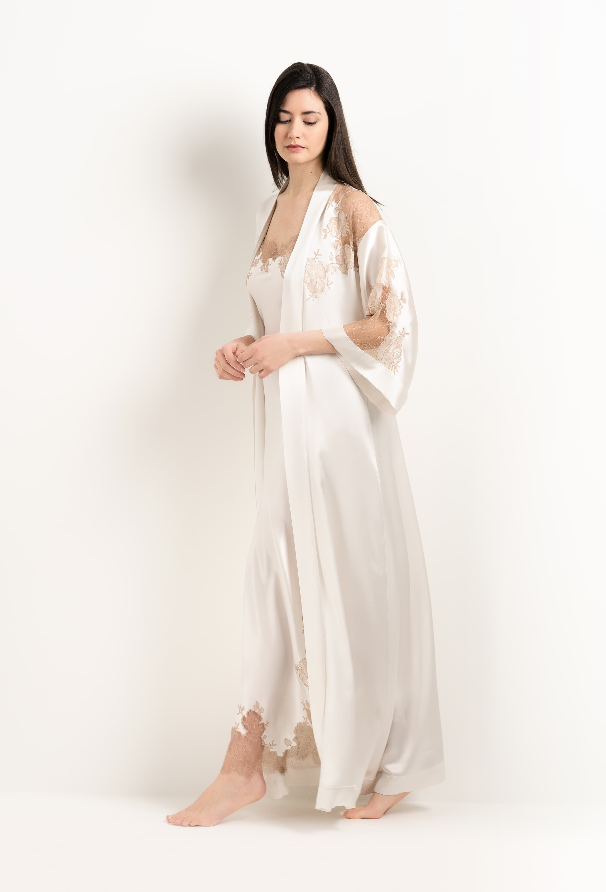 Be seduced by Carine Gilson most beautiful silk lingerie collection with this Long Gown Straight Neckline in ivory Silk  with Vison lace